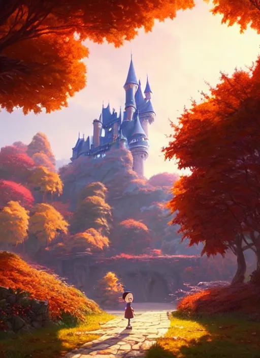 Image similar to a wholesome animation key shot, castle in the background, autumn foliage in the foreground, studio ghibli, pixar and disney animation, sharp, rendered in unreal engine 5, anime key art by greg rutkowski, bloom, dramatic lighting