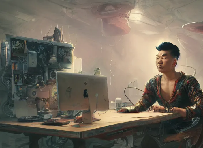 Image similar to an insanely detailed painting of an asian man wearing a homemade superhero costume, sitting at a desk, staring seriously at the computer and typing, in the style of peter mohrbacher, james jean, dramatic lighting and composition, surreal background, octane render, pixar, trending on artstation, concept art, comic book, view from behind, 8 k