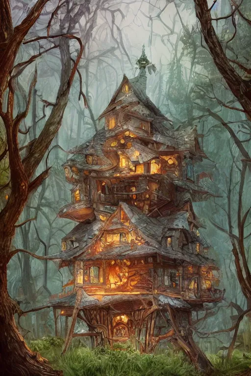 Image similar to a storybook illustration of a ramshackle multistory fairytale hut in the forest, intricate, elegant, fantasy, highly detailed, digital painting, concept art, sharp focus, artstation