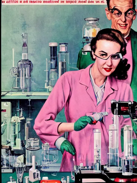 Prompt: A female mad scientist in a laboratory coat assembling a partially-built retro robotic!!! man!!! in a suit, in a darkly lit laboratory room surrounded by test tubes and jars, 1950s horror film movie poster style, (Norman Rockwell oil painting), retro vintage, saturated pink and green lighting, shadowy lighting