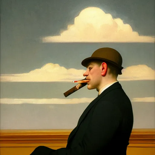 Image similar to a portrait painting of a man in a suit with a skull as his head smoking a cigarette, head is surrounded by clouds, in the style of Edward Hopper and William Adolphe Bouguereau, 4k,
