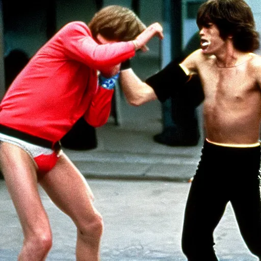 Image similar to Mick Jagger fighting Elton John in the street. 1978. Still from CNN broadcast news