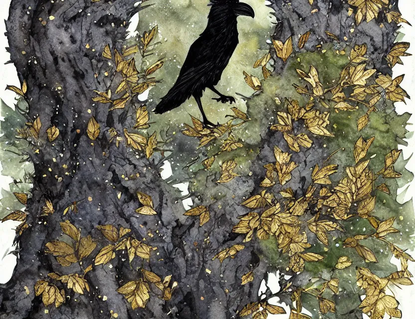 Image similar to faerie raven in the lichen woods. this watercolor and gold leaf work by the award - winning mangaka has a beautiful composition and intricate details.