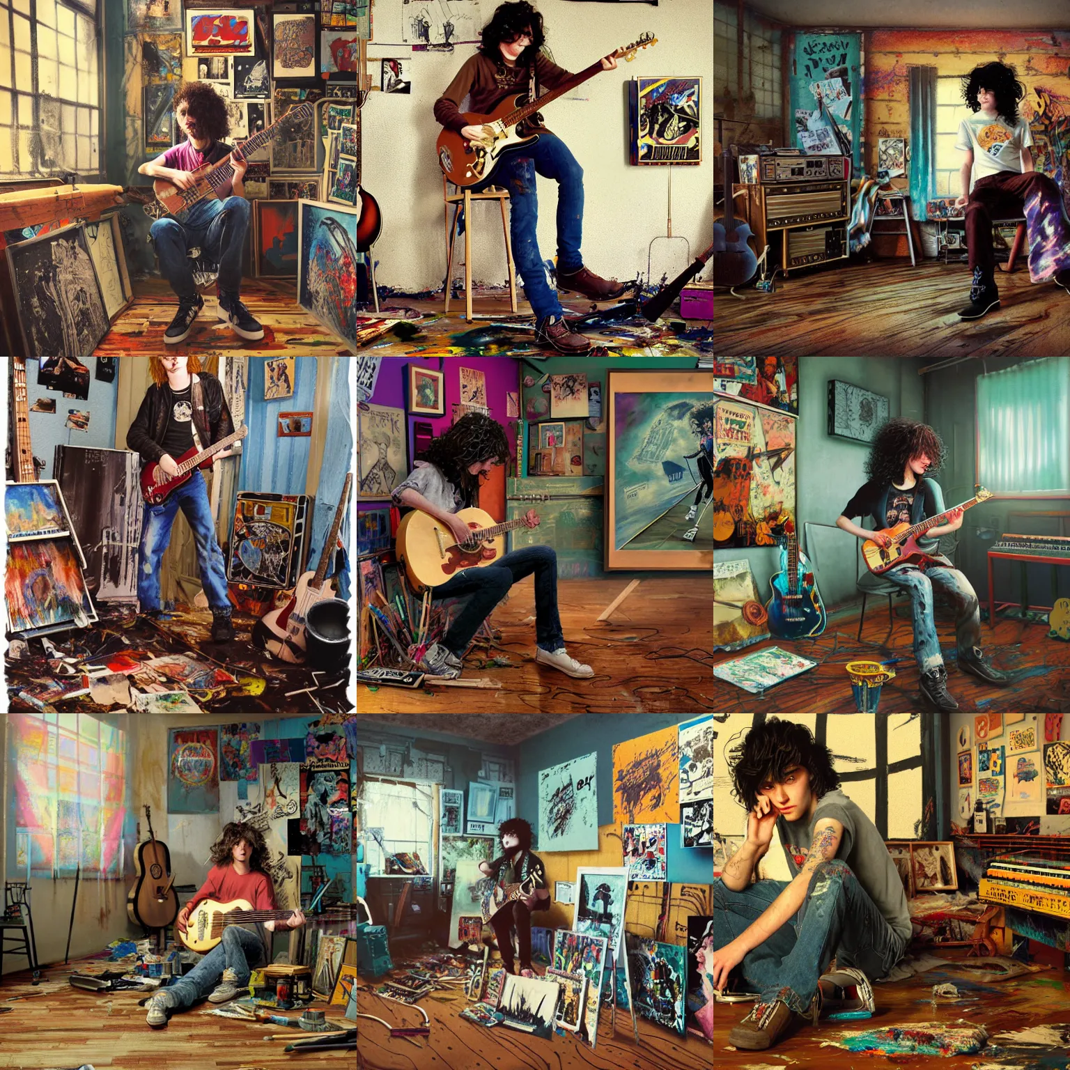 Prompt: a pretty punk rock young man with messy very long curly dark brown hair and a band tee painting in a vintage 80s artist studio interior, old wood floors, musical instruments and band posters, messy maximalist interior, warm, painting by Craig Mullins, octane rendering, soft morning lighting, wide angle lens, low view, in the style of Hayao Miyazaki, trending on artstation,