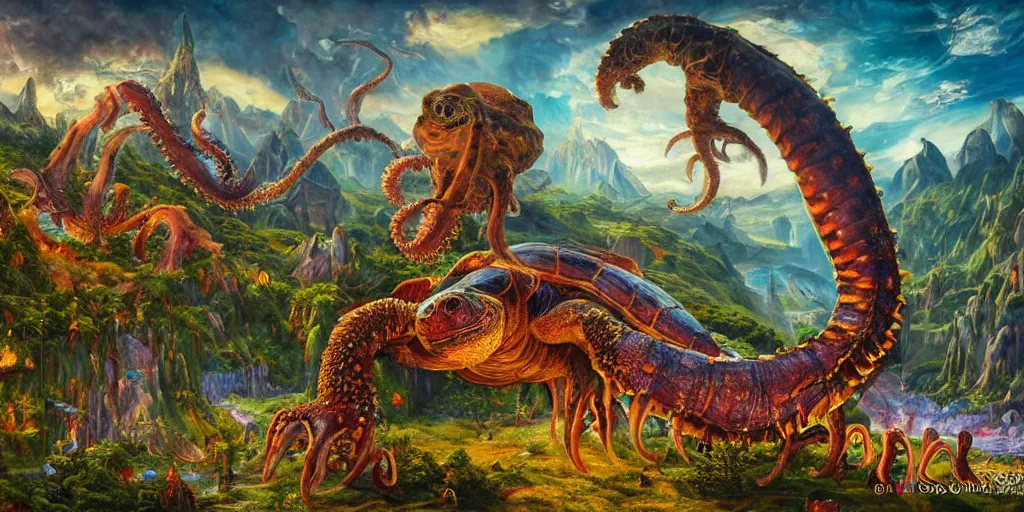 Image similar to fantasy oil painting, great leviathan, cybernetic turtle cephalopod terrapin reptilian pachyderm squid, bella hadid, hybrid, milla jovovich, anubis, epic natural light, lush plants flowers, spectacular mountains, bright clouds, luminous sky, outer worlds, golden hour, michael cheval, edward hopper, michael whelan, vray, hd