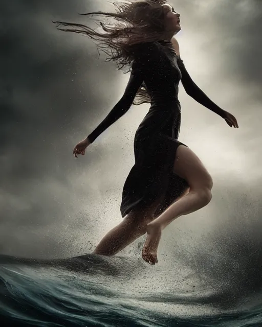 Image similar to olivia swirling into a water tornado that turns into a dress, half body portrait, 3 d animation, black hair, freckles, pale skin, photo by greg rutkowski, female beauty, intricate detail, elegance, sharp shapes, soft lighting, masterpiece