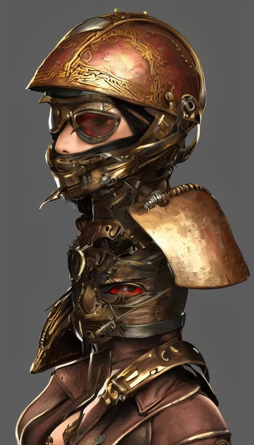 Prompt: steampunk helmet, female warrior, sharp focus, moebius, game art