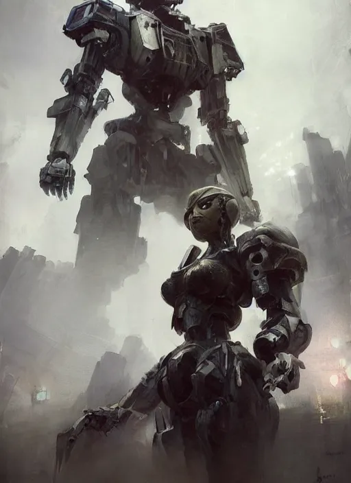 Image similar to beautiful painting by jeremy mann, a female mecha paladin absurdly beautiful, elegant, ultrafine hyperrealistic detailed face illustration by wlop and artgerm and greg rutkowski, ominous, unsettling, intricate linework, sharp focus, smooth, octopath traveler, final fantasy, unreal engine highly rendered, global illumination, dramatic lighting, 8 k