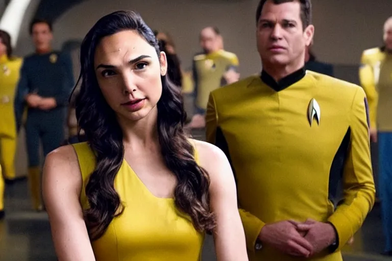 Image similar to Gal Gadot, wearing a yellow uniform, is the captain of the starship Enterprise in the new Star Trek movie