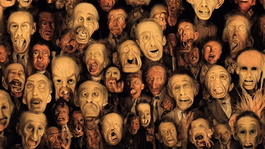 Image similar to museum of strange faces, glowing oil, film still from the movie directed by denis villeneuve and david cronenberg with art direction by salvador dali and dr. seuss