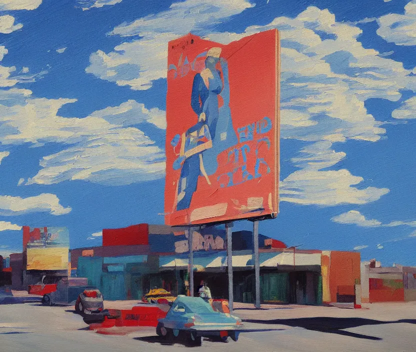 Image similar to a very detailed painting of one ad billboard, baby blue sky with very aesthetic stylized clouds, in the style of edward hopper and kandinsky, very small brushstrokes, 4 k,