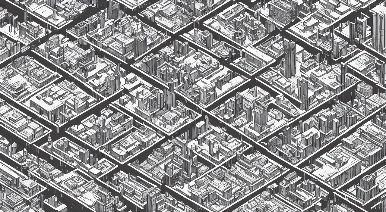 Image similar to isometric drawing of a fictional dense city, in style of charles williams, rem koolhaas, peter eisenman