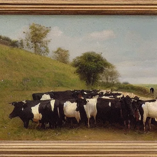 Image similar to a herd of cows on a country road, 1 9 th century painting, anton mauve