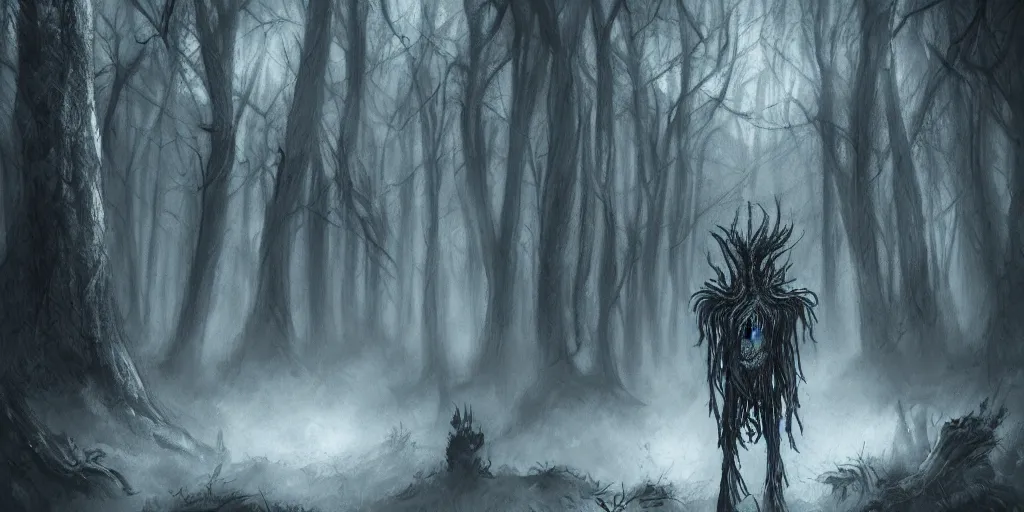 Image similar to creepy creature in a dark forest, digital art, realistic, detailed, artstation