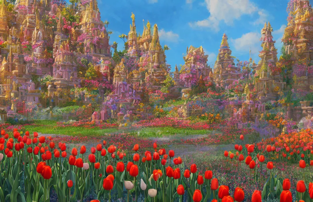 Prompt: a beautiful and highly detailed painting of a towering temple made of giant tulips built on a world of massive flowers | establishing shot | unreal engine :. 3 | impasto :. 6