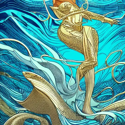 Image similar to gold and silver tones, alluring siren in the sea attracting a boat of sailors, style of moebius, james jean, rutkowski, mcbess, cinematic, high detail, award winning, 8 k photorealistic