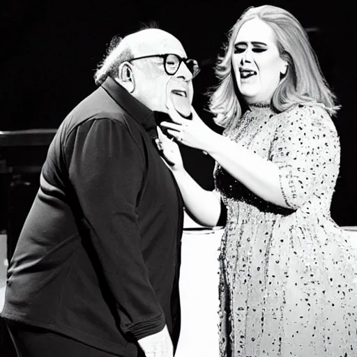 Prompt: Adele with Danny Devito face transplant, concert, live performance, full body shot