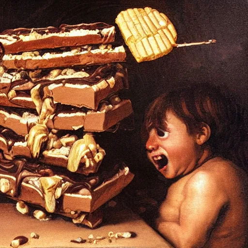 Prompt: saturn devouring a snickers chocolate bar, goya painting, in the style of goya and greg rutkowski, in the style of black paintings, 8 k, highly realistic