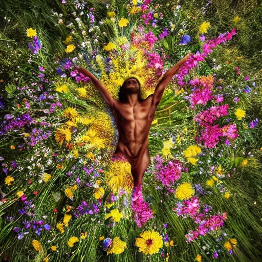 Image similar to hyper realistic photo human body made of wild flowers
