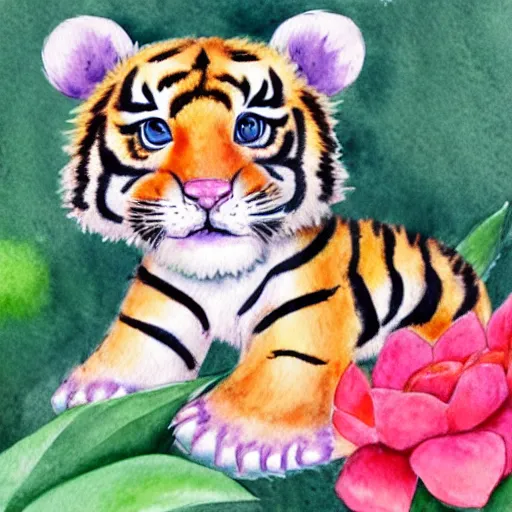 Image similar to watercolor drawing on paper, a curious baby tiger with big eyes smelling a red flower, cute, watercolor, kawaii, wide angle shot, low angle shot, full shot, illustration, white background, very detailed, high quality