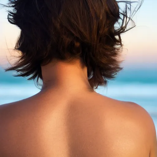 Prompt: hi resolution of woman's back as she faces the ocean