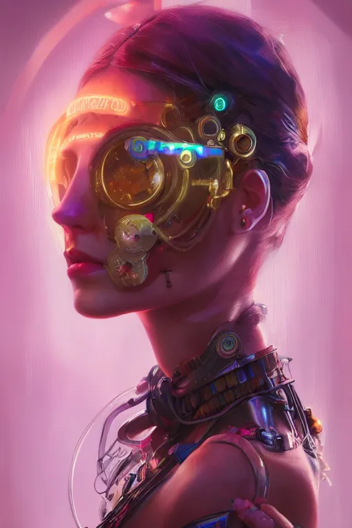 Image similar to portrait of a psychedelic steampunk girl with biotechnical parts and neon light by Artgerm and Greg Rutkowski , digital painting, highly detailed, trending on artstation