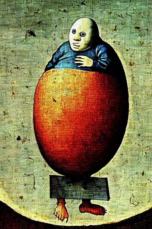 Image similar to hieronymus bosch painting of egg shaped humpty dumpty