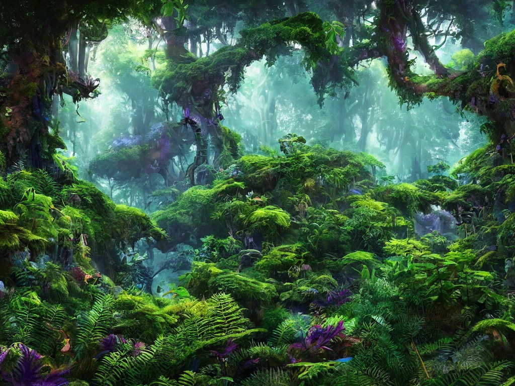 prompthunt: Iconic elven forest city, soft lighting, sunbeams breaking  through green and lush forest patches, droneshot, fantasypunk fairycore