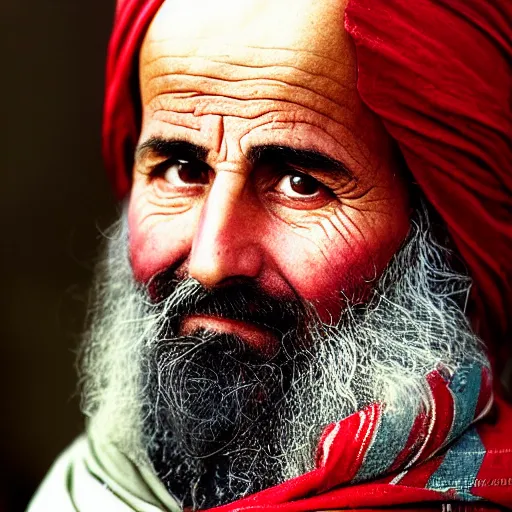 Image similar to portrait of john adams as afghan man, green eyes and red scarf looking intently, photograph by steve mccurry