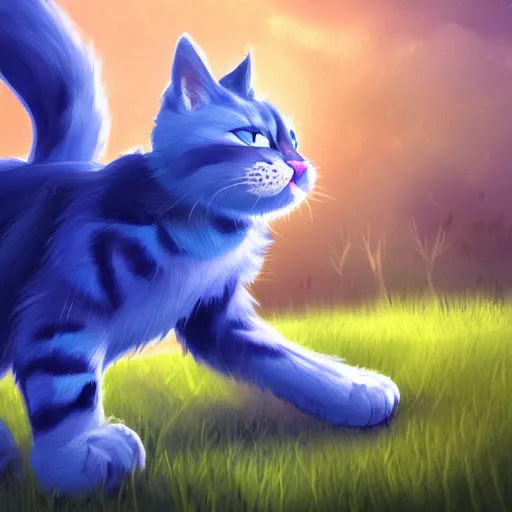 Prompt: illustration of a glowing cute blue warrior cat in grassy field, tree, detailed concept art, artstation, warrior cats, shading,
