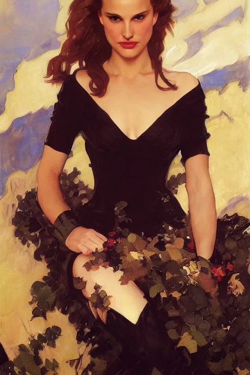 Prompt: elegant romantic portrait photo of natalie portman as black widow by greg manchess, mucha, william adolphe bouguereau, john singer sargent, sorolla, winslow homer, dean cornwell, james gurney, kilin eng, ilya repin, masterpiece