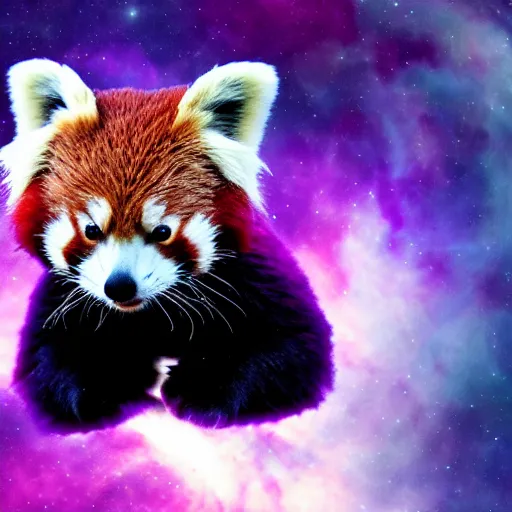 Prompt: Red Panda in space in front of a purple nebula