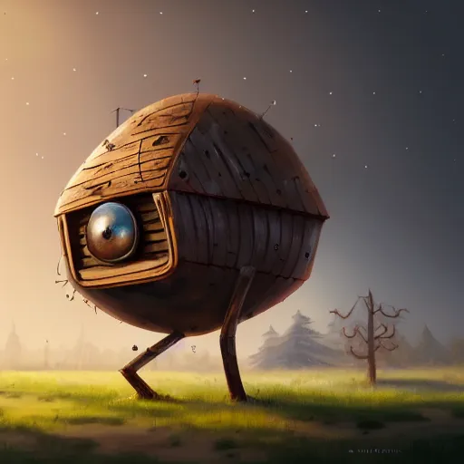 Image similar to a walking wood and metal house with two legs and one big eye, rust, hyperrealistic, highly detailed, cinematic, single ray of sun, morning, pareidolia, gravity falls style, disney, beautiful, cgssociety, artstation, 8 k, oil painting, digital art