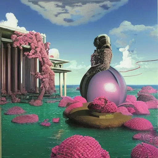 Image similar to scifi, liminal spaces, party balloons, checkered pattern, David Friedrich, award winning masterpiece with incredible details, Zhang Kechun, a surreal vaporwave vaporwave vaporwave vaporwave vaporwave painting by Thomas Cole of an old pink mannequin head with flowers growing out, sinking underwater, highly detailed