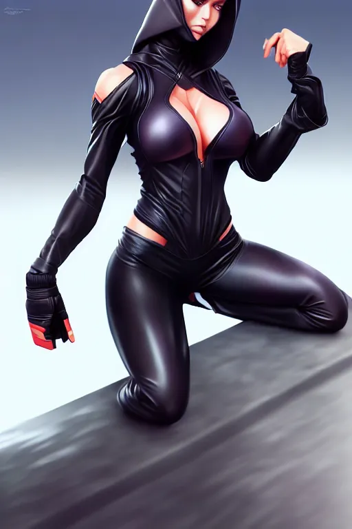 Image similar to Photorealistic hyperrealism woman in ninja suit by Artgerm and WLOP, Pixiv