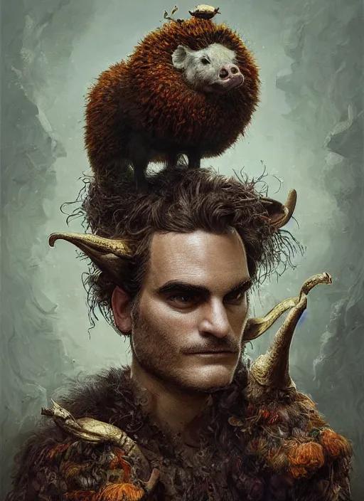 Image similar to a hyper detailed painting of an anthropomorphic joaquin phoenix as the king of animals, cow horns, pig nose, sheep wool, chicken feathers, horror, by anna podedworna, by miklos ligeti, by diego maricato, by taran fiddler, by antonino truisi, by chris reddie, on artstation