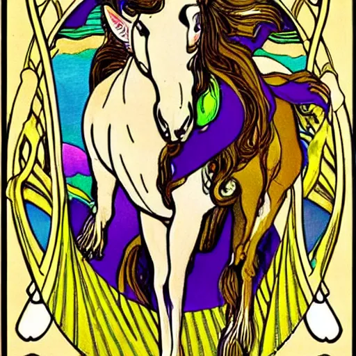 Prompt: Cass Elliot riding a unicorn, Art Nouveau style