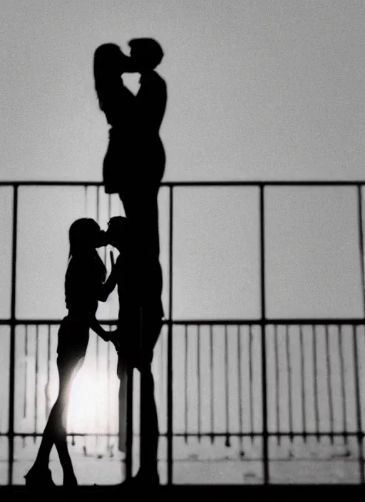 Prompt: a 2 8 mm macro photo of a couple kissing in the city in silhouette in the 1 9 7 0 s, bokeh, canon 5 0 mm, cinematic lighting, dramatic, film, photography, golden hour, depth of field, award - winning, 3 5 mm film grain, low angle