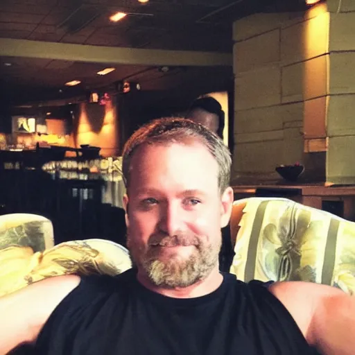 Image similar to photo of a 4 0 year old white man living thinking he's living the best life possible. he looks young for his age. he is at an establishment appropriate for his age. young woman are flocking to him and can be seen dancing around him in a seductive manner.