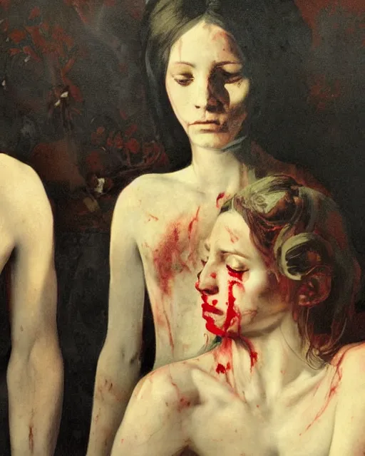 Image similar to a beautiful and eerie baroque painting of a brother and sister who are beautiful but creepy, in dead space, with haunted eyes and dark hair, 1 9 7 0 s, seventies, floral wallpaper, a little blood, morning light showing injuries, delicate embellishments, painterly, offset printing technique, by brom, robert henri, walter popp