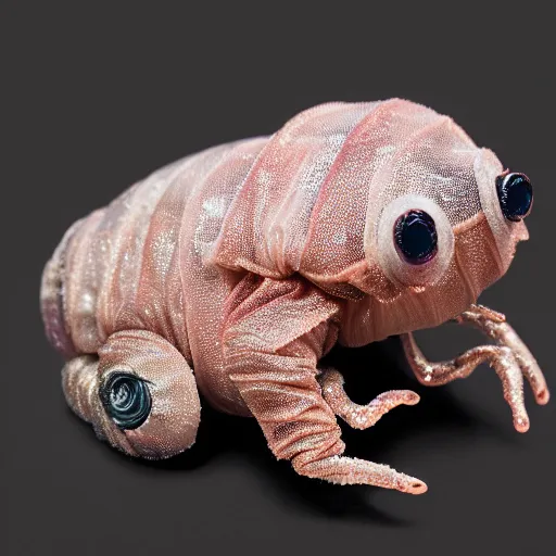 Prompt: tardigrade dressed as a princess, studio photography, black background, 4 k