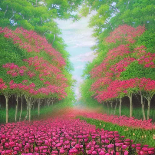 Image similar to pixiv scenery art of a rose forest