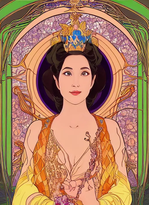 Image similar to well - lit art nouveau portrait of queen sirikrit of thailand, winatural lighting, path traced, real face, thai elegant traditional costume, highly detailed, high quality, cartoon, digital painting, by don bluth and ross tran and studio ghibli and alphonse mucha