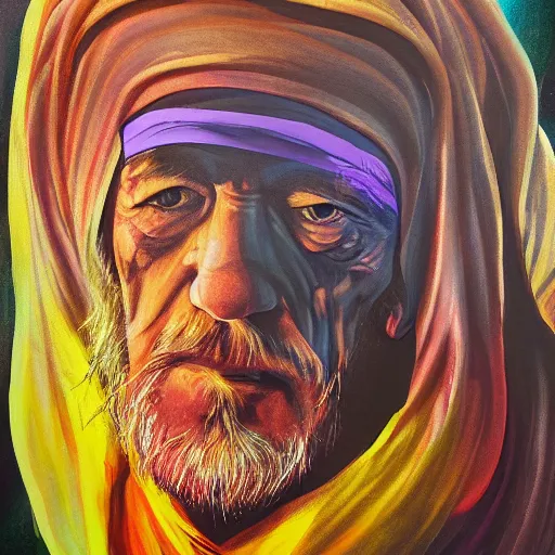 Image similar to abstract painting of ian mckellen as osama bin laden in a dark hood fighting an alien invasion in deep space by creatures from jupiter, arial shot, highly detailed, award painting, 8 k