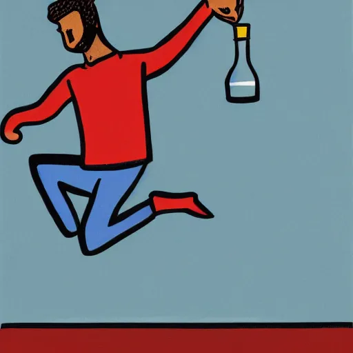 Image similar to artistic rendition of a man jumping in the while holding a bottle, very expressive