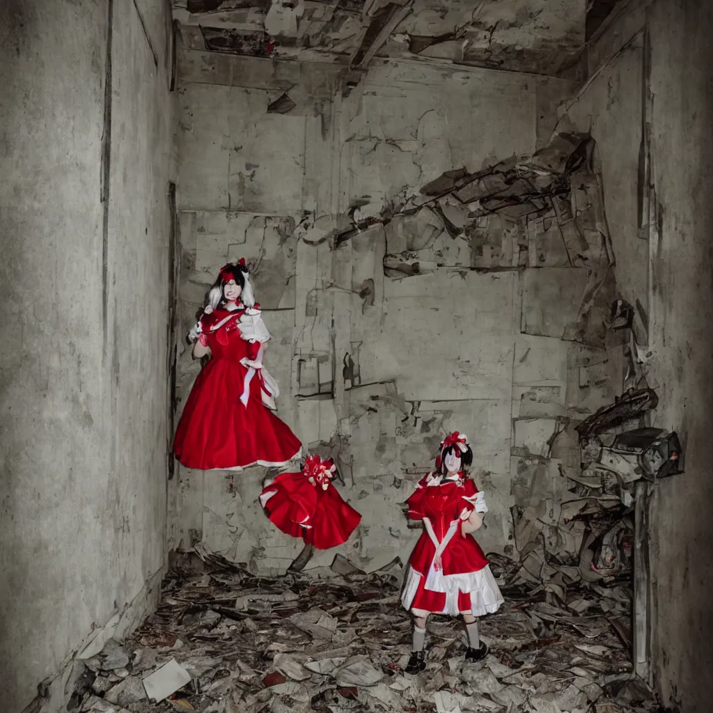 Image similar to rich and atmospheric! Polaroid! photo of a reimu hakurei cosplayer in an abandoned facility