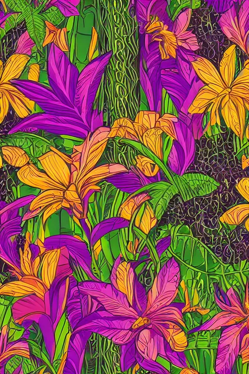Prompt: moody Intricate detailed vector illustration of tropical flowers and green reeds, multiple cohesive colors ranging from warms purples to bright oranges on a ((very dark background)), 4K resolution
