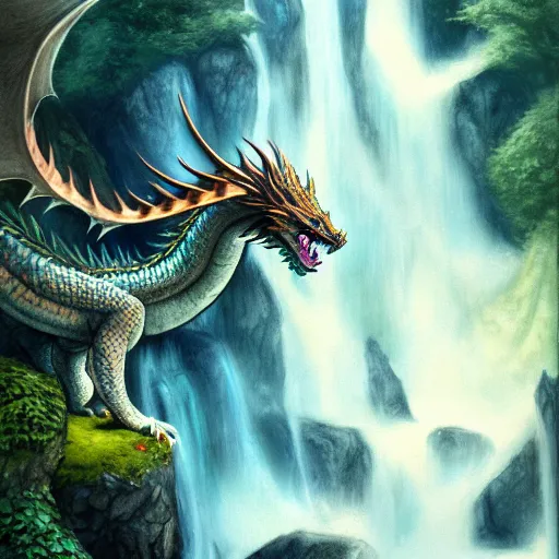 Image similar to furry art, female dragon sleeping by a waterfall, commission, color page, tankoban, 4 k, tone mapping, jaime jones, alan lee