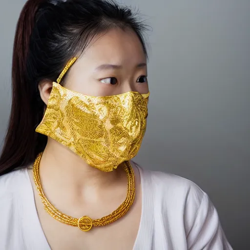 Image similar to japanese female balaclava face mask with golden necklace and kimono, photo portrait, beautiful female model
