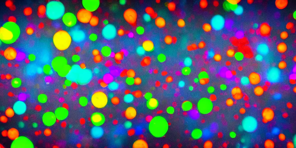 Prompt: hundreds of tiny bubbles floating in a dark room and a single lamp illuminating the darkness from the corner, vivid colours, soft bokeh, LSD, stylish,